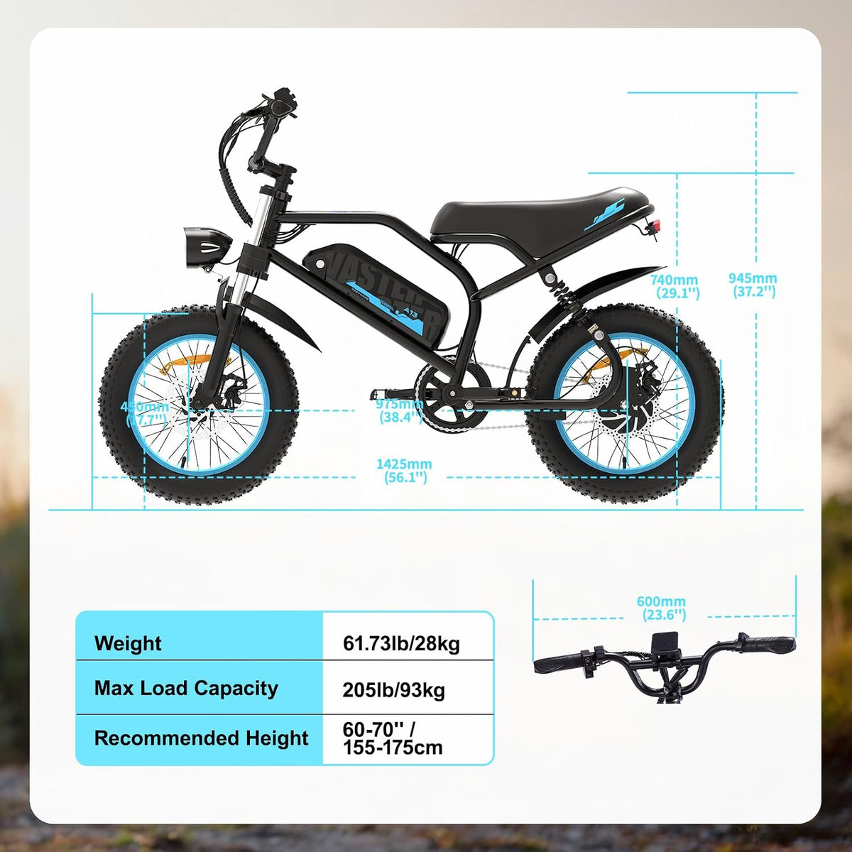 Electric Bike, A13 16'' Ebike for Adults/Teens, 1000W Peak Fat Tire E-Bike with 36V/12.8Ah Removable Battery, up to 20MPH, 45 Mile Range, Electric Dirt/Mountain Bike for Youth/Woman/Men — product view 7