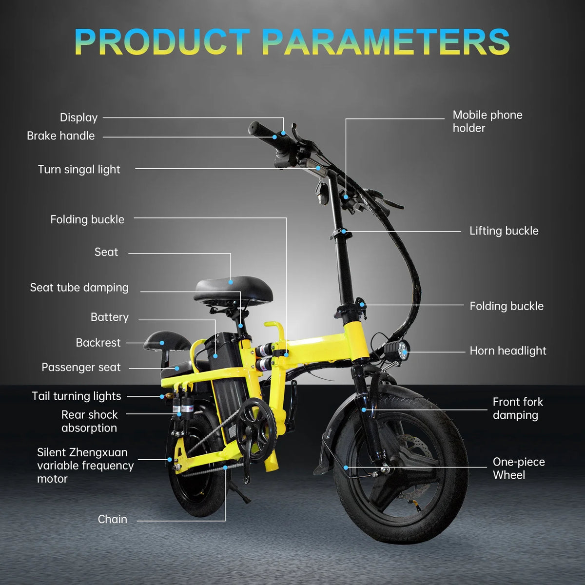 14" Foldable E-Bike: 48V 750W Peak Power,48V 20Ah Removable Lithium-Battery, 15.5Mph, 50Mile Range, 243Lbs Capacity, Electric Bike for Commuting & Short Trips — product view 3