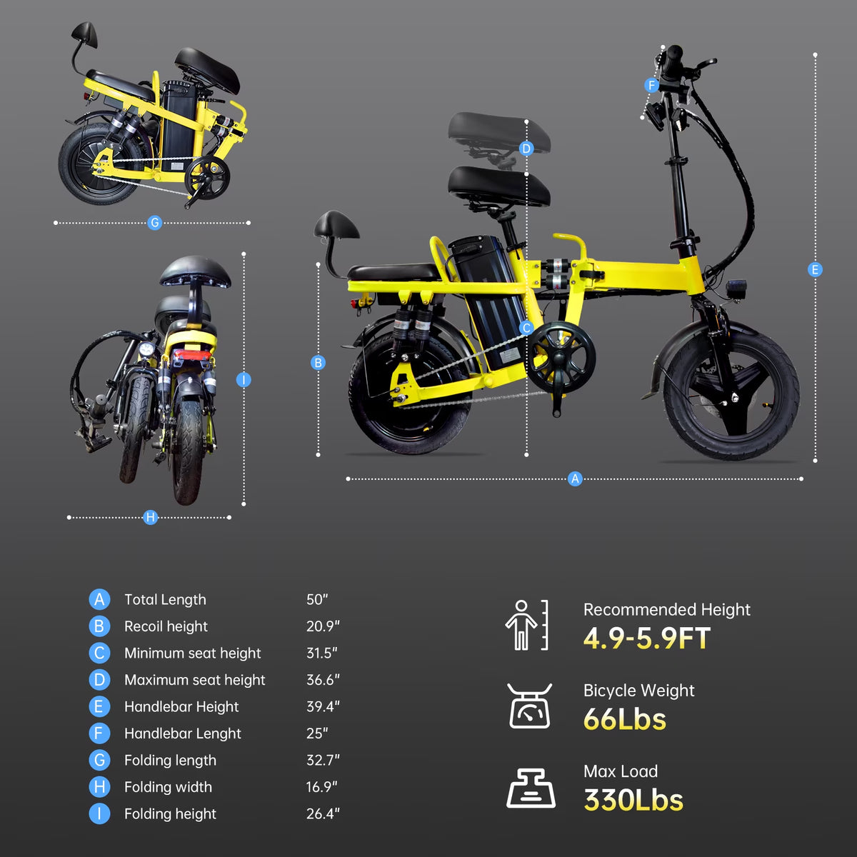 14" Foldable E-Bike: 48V 750W Peak Power,48V 20Ah Removable Lithium-Battery, 15.5Mph, 50Mile Range, 243Lbs Capacity, Electric Bike for Commuting & Short Trips — product view 4