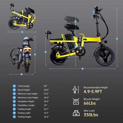 14" Foldable E-Bike: 48V 750W Peak Power,48V 20Ah Removable Lithium-Battery, 15.5Mph, 50Mile Range, 243Lbs Capacity, Electric Bike for Commuting & Short Trips — product view 4