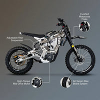 Electric Dirt Bike Built for Off-Road Adventures, Motocross Components, All-Terrain Performance, Premium Build — infographic