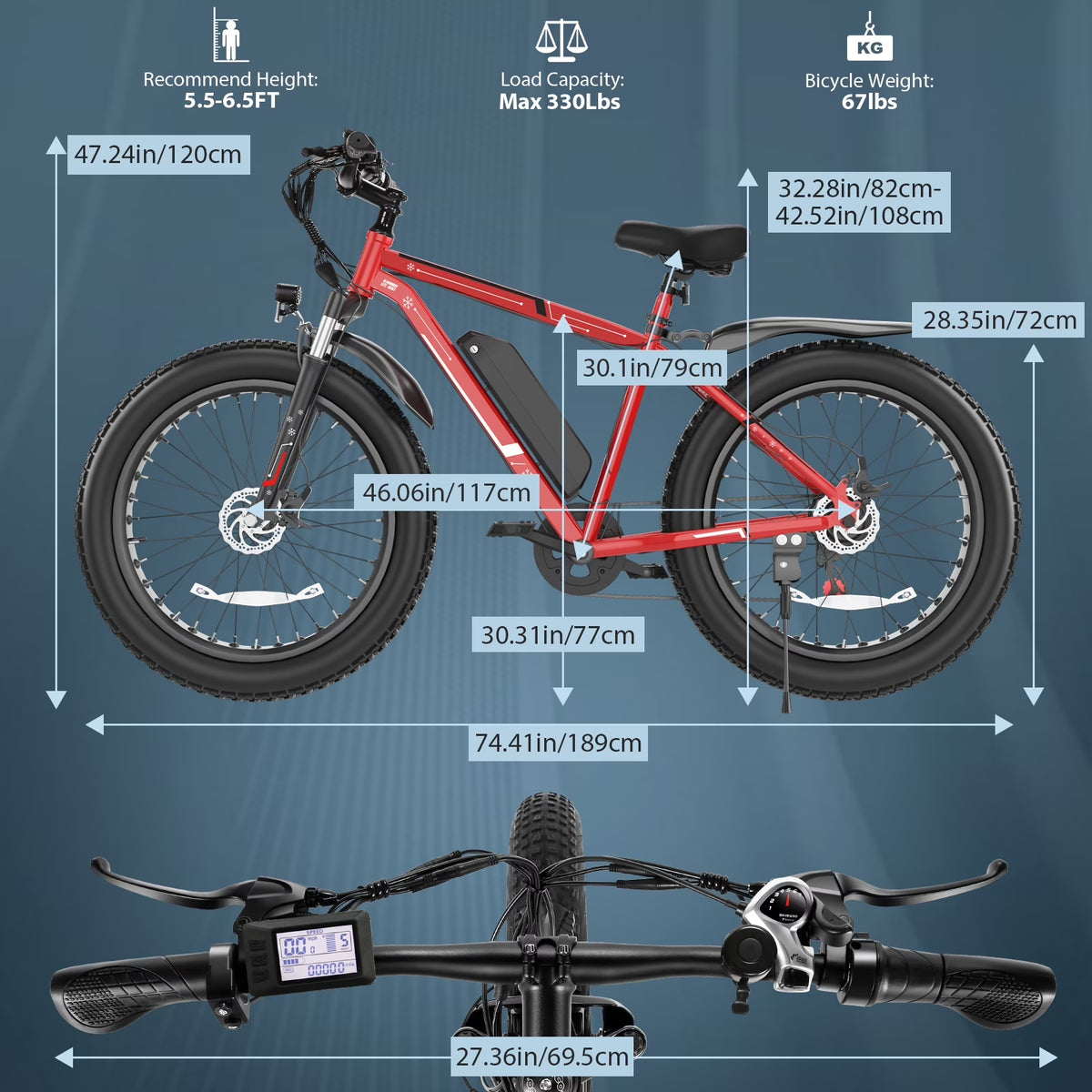 26"X4.0 Fat Tire Electric Bike, 624Wh Battery, 48V 500W Ebike Electric Mountain Bike, Cruise Control Mode, Adult E Bikes for Men, LCD Meter, 7-Speed Snow Bike Beach E-Bike for Adults UL2849 — product view 7