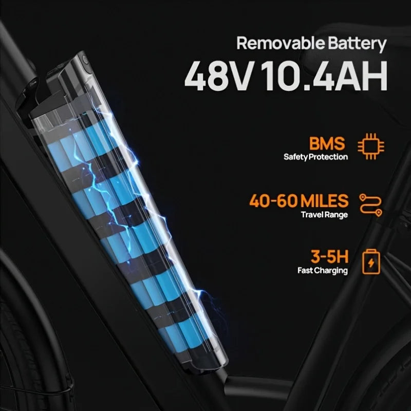 Peak 750W E26 Electric Bike for Adults | 48V 10.4Ah Removable Battery, Top Speed 20MPH, 26''X2" Standard Tire, 7-Speeds