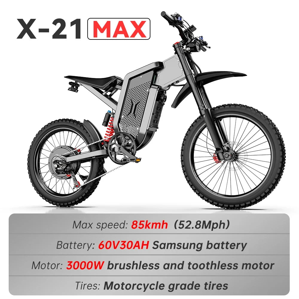 EKX X21 Max Electric Motorcycles 3000W Brushless Gearless Motors 60V30AH Lithium Battery Speed 85Kmh Adult Off Road Ebike