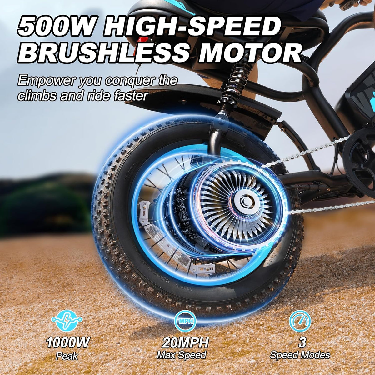 Electric Bike, A13 16'' Ebike for Adults/Teens, 1000W Peak Fat Tire E-Bike with 36V/12.8Ah Removable Battery, up to 20MPH, 45 Mile Range, Electric Dirt/Mountain Bike for Youth/Woman/Men — product view 3