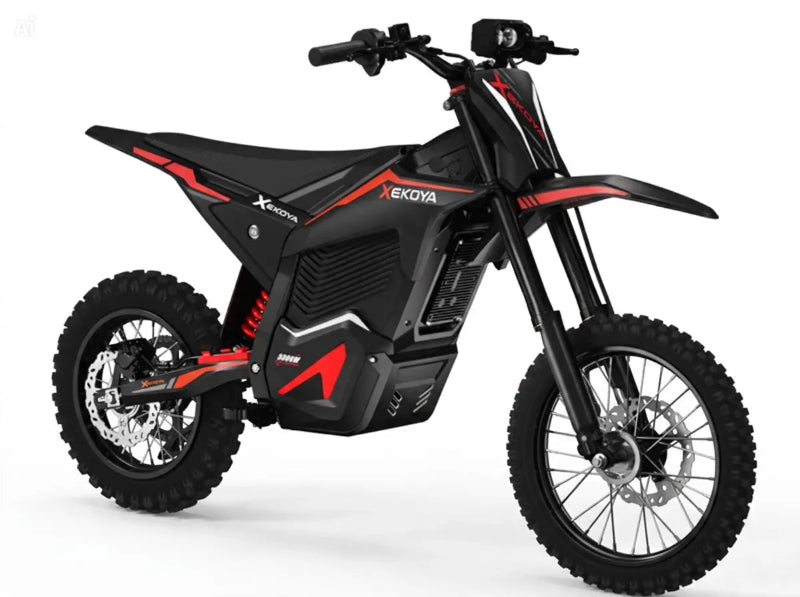 A black and red ExoYa X6000 electric dirt bike shown from a three-quarters front angle on a white studio background.
